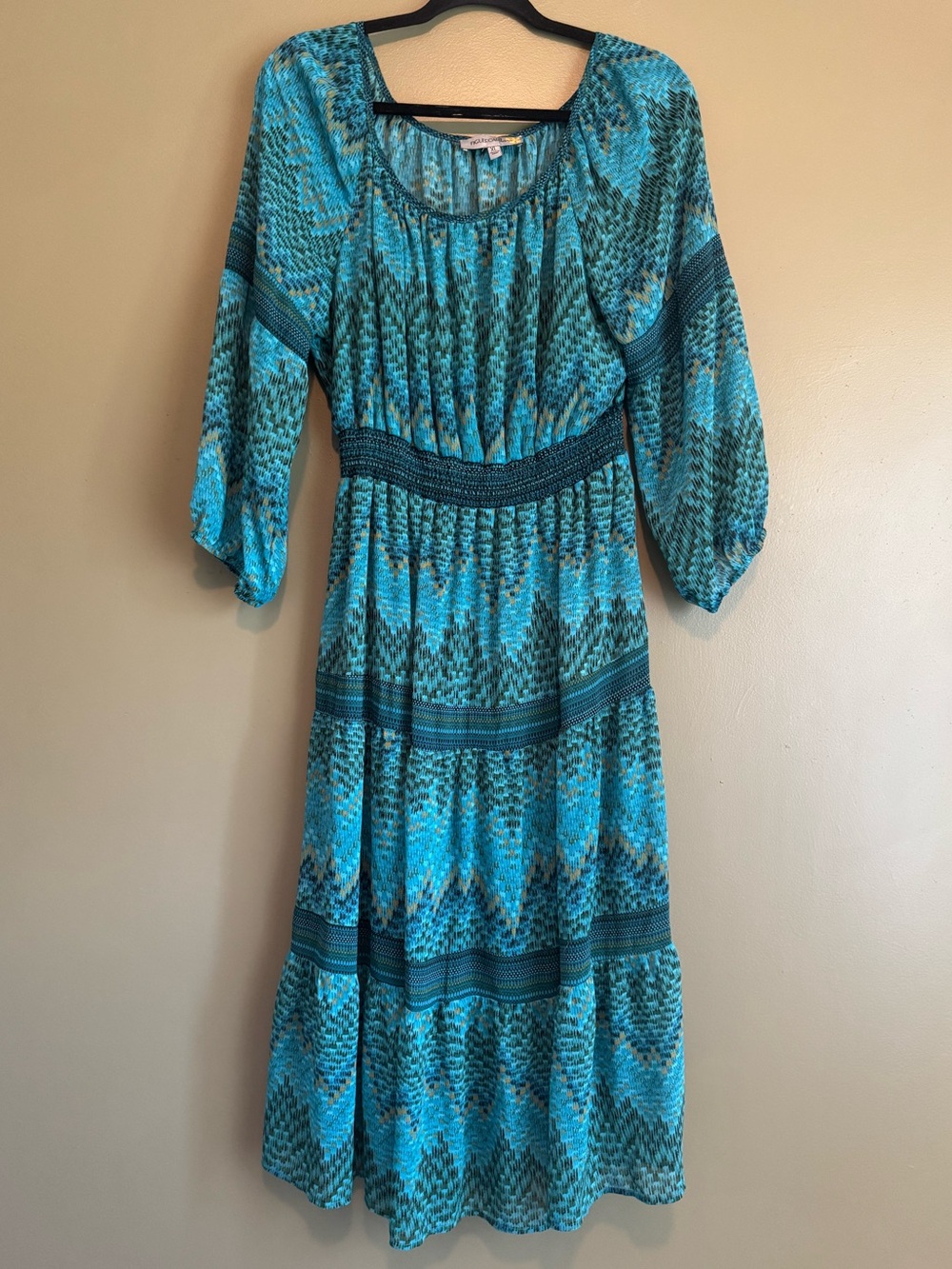 Turquoise Patterned Maxi Dress with Elastic Waist